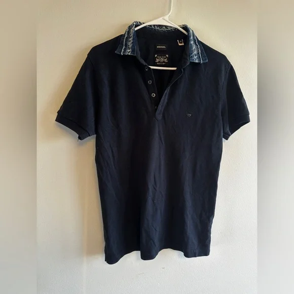 Vintage Diesel Black Polo Shirt with Denim Collar Detail Casual Cotton‎ Classic - Picture 2 of 11